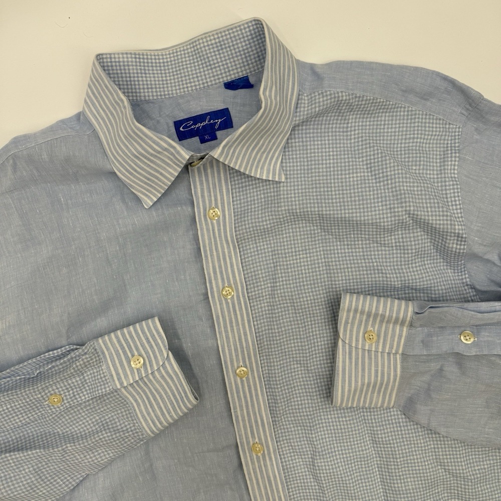 Coppley Mens Button Up Long Sleeve Size XL‎ Blue  Color Block 100% Linen Canada